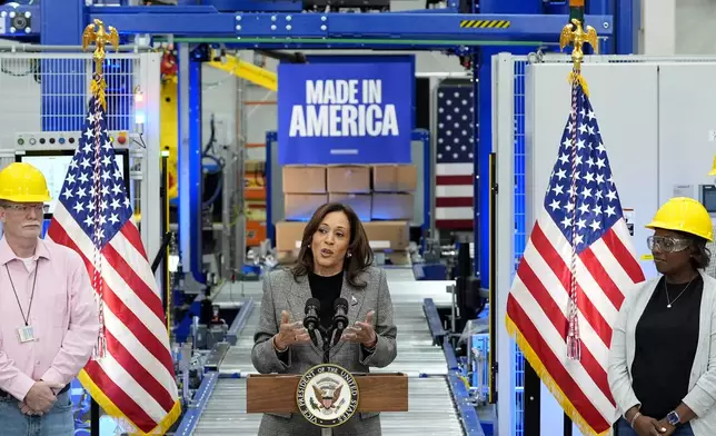 Democratic presidential nominee Vice President Kamala Harris speaks after taking a tour of the Hemlock Semiconductor Next-Generation Finishing facility in Hemlock, Mich., Monday, Oct. 28, 2024. (AP Photo/Jacquelyn Martin)