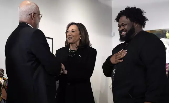 Democratic presidential nominee Vice President Kamala Harris arrives at Norwest Gallery of Art in Detroit, Tuesday, Oct. 15, 2024. (AP Photo/Jacquelyn Martin)