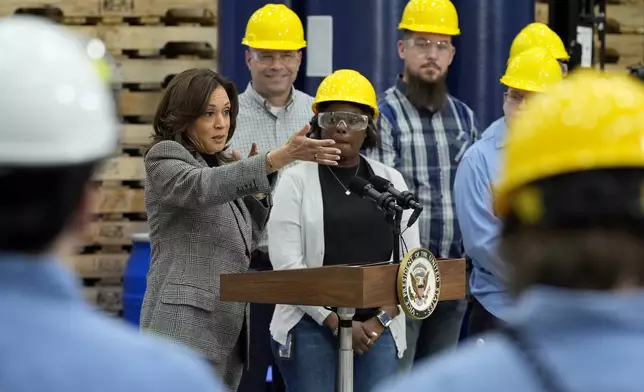 Democratic presidential nominee Vice President Kamala Harris speaks after taking a tour of the Hemlock Semiconductor Next-Generation Finishing facility in Hemlock, Mich., Monday, Oct. 28, 2024. (AP Photo/Jacquelyn Martin)