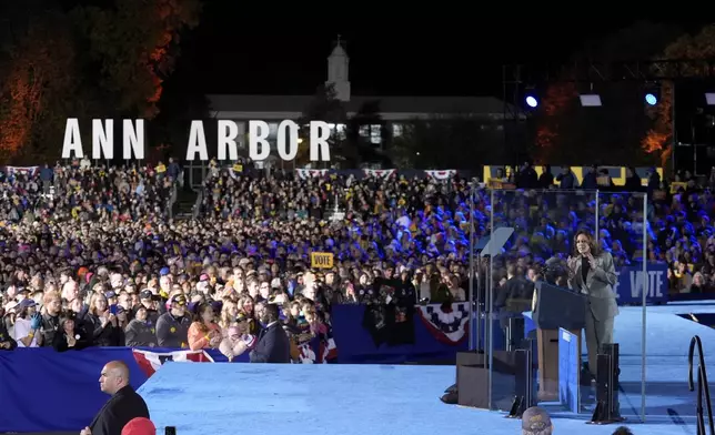 Democratic presidential nominee Vice President Kamala Harris speaks at a campaign event in Burns Park Monday, Oct. 28, 2024, in Ann Arbor, Mich. (AP Photo/Paul Sancya)