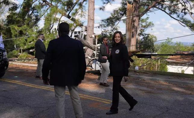 Democratic presidential nominee Vice President Kamala Harris visits areas impacted by Hurricane Helene in Augusta, Ga., Wednesday, Oct. 2, 2024. (AP Photo/Carolyn Kaster)