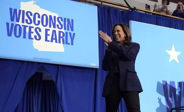 Democratic presidential nominee Vice President Kamala Harris arrives to speak at a campaign rally at the University of Wisconsin La Crosse, in La Crosse, Wis., Thursday, Oct. 17, 2024. (AP Photo/Jacquelyn Martin)