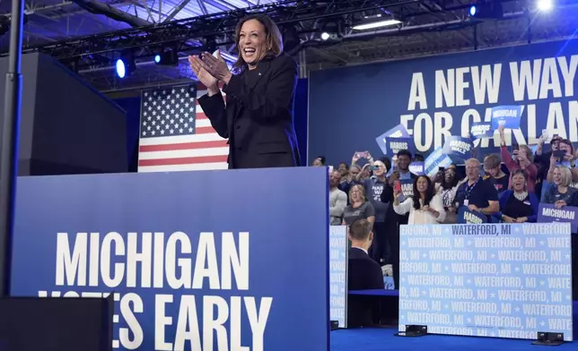 Democratic presidential nominee Vice President Kamala Harris arrives to speak during a campaign event at the Oakland Expo Center, in Oakland County, Mich., Friday, Oct. 18, 2024. (AP Photo/Jacquelyn Martin)