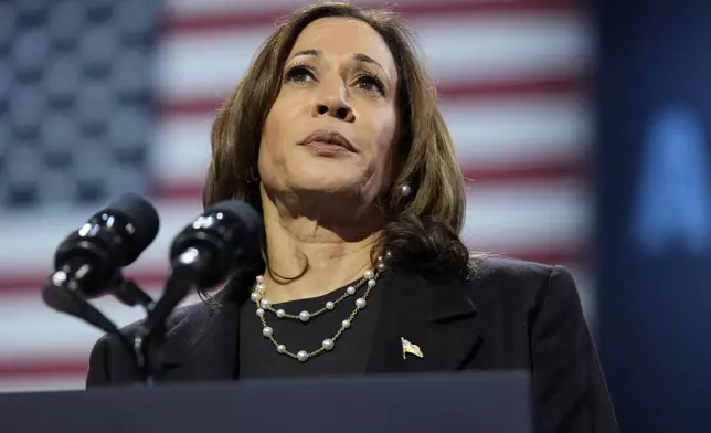 Democratic presidential nominee Vice President Kamala Harris speaks during a campaign rally at Erie Insurance Arena, in Erie, Pa., Monday, Oct. 14, 2024. (AP Photo/Jacquelyn Martin)