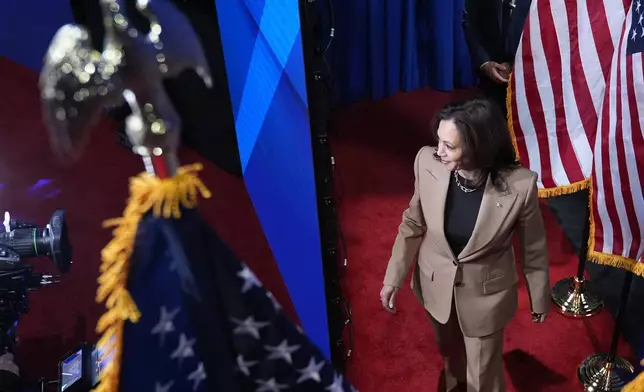 Democratic presidential nominee Vice President Kamala Harris arrives at a Town Hall event hosted by Univision, Thursday, Oct. 10, 2024, at the University of Nevada Las Vegas. (AP Photo/Jacquelyn Martin)