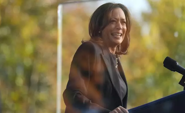 Democratic presidential nominee Vice President Kamala Harris speaks during a campaign event at Riverside Park in Grand Rapids, Mich., Friday, Oct. 18, 2024. (AP Photo/Jacquelyn Martin)