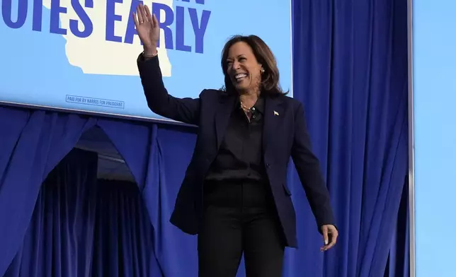 Democratic presidential nominee Vice President Kamala Harris arrives to speak at a campaign rally at the University of Wisconsin La Crosse, in La Crosse, Wis., Thursday, Oct. 17, 2024. (AP Photo/Jacquelyn Martin)