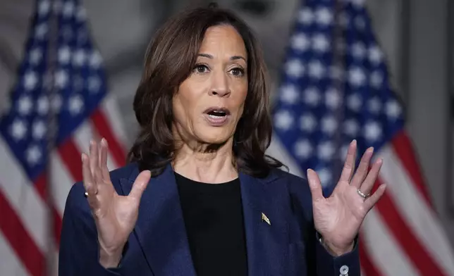 Democratic presidential nominee Vice President Kamala Harris speaks to reporters in Houston, Friday, Oct. 25, 2024. (AP Photo/Susan Walsh)