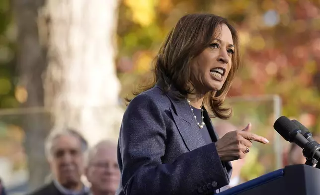 Democratic presidential nominee Vice President Kamala Harris speaks at a campaign event at Washington Crossing Historic Park, Wednesday, Oct. 16, 2024, in Washington Crossing, Pa. (AP Photo/Jacquelyn Martin)