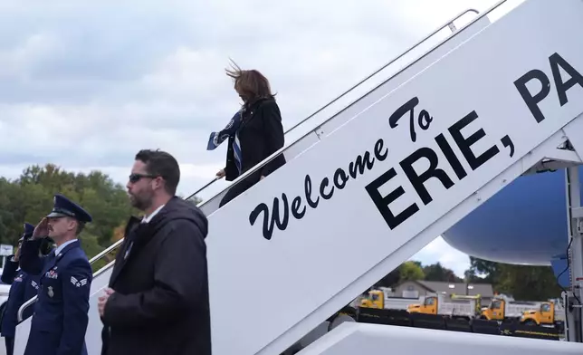 Democratic presidential nominee Vice President Kamala Harris exits Air Force Two, on arrival to Erie International Airport, in Erie, Pa., Monday, Oct. 14, 2024, to attend a campaign rally. (AP Photo/Jacquelyn Martin)