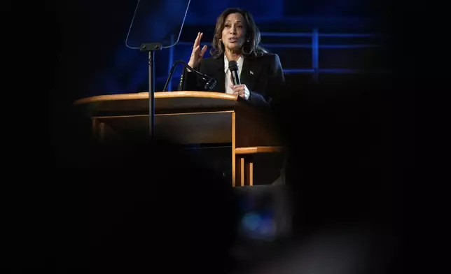 Democratic presidential nominee Vice President Kamala Harris speaks during a church service at Koinonia Christian Center in Greenville, N.C., Sunday, Oct. 13, 2024. (AP Photo/Susan Walsh)