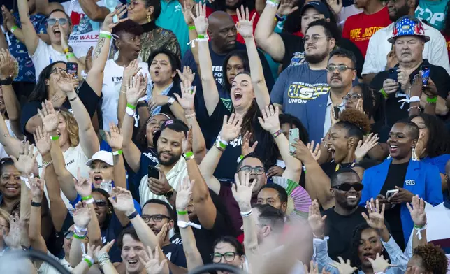 Attendees cheer during a rally for Democratic presidential nominee Vice President Kamala Harris on Friday, Oct. 25, 2024, in Houston. (AP Photo/Annie Mulligan)