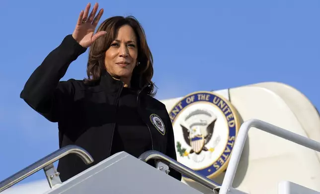 Democratic presidential nominee Vice President Kamala Harris boards Air Force Two at Augusta Regional Airport in Augusta, Ga., Wednesday, Oct. 2, 2024, en route to Washington, after visiting the area impacted by Hurricane Helene. (AP Photo/Carolyn Kaster)