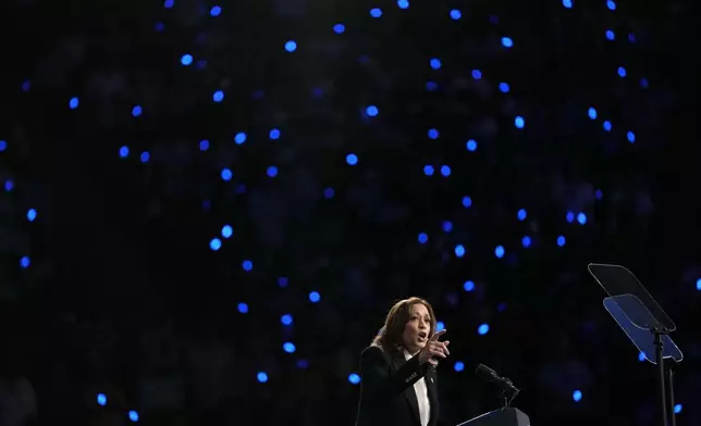 Democratic presidential nominee Vice President Kamala Harris speaks at a campaign rally at East Carolina University in Greenville, N.C., Sunday, Oct. 13, 2024. (AP Photo/Susan Walsh)