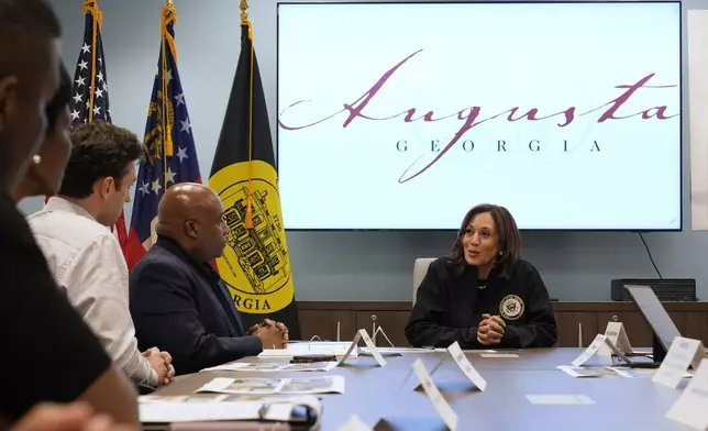 Democratic presidential nominee Vice President Kamala Harris speaks during a briefing at the Augusta Emergency Operations Center as she visits areas impacted by Hurricane Helene, in Augusta, Ga., Wednesday, Oct. 2, 2024. (AP Photo/Carolyn Kaster)