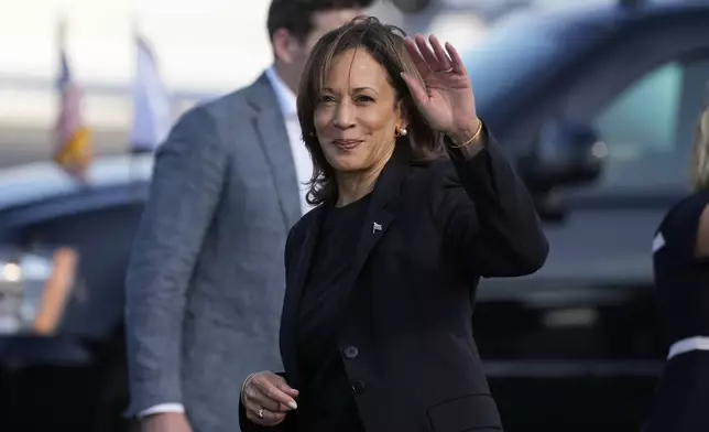 Democratic presidential nominee Vice President Kamala Harris arrives at Charlotte Douglas International Airport, Saturday, October 5, 2024, in Charlotte, N.C., for a briefing on the damage from Hurricane Helene. (AP Photo/Chris Carlson)