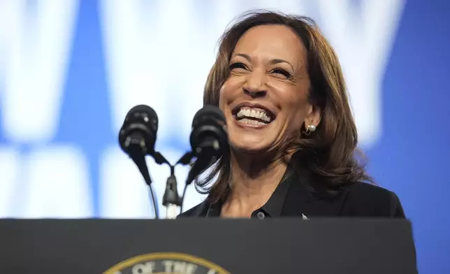 Democratic presidential nominee Vice President Kamala Harris speaks during a rally at the Dort Financial Center in Flint, Mich., Friday, Oct. 4, 2024. (AP Photo/Mark Schiefelbein)