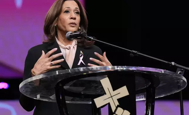 Democratic presidential nominee Vice President Kamala Harris speaks at a church service at New Birth Baptist Church in Stonecrest, Ga., Sunday, Oct. 20, 2024. (AP Photo/Jacquelyn Martin)