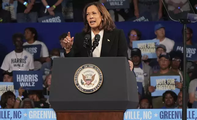 Democratic presidential nominee Vice President Kamala Harris speaks during a campaign event at East Carolina University, Sunday, Oct. 13, 2024, in Greenville, N.C. (AP Photo/David Yeazell)