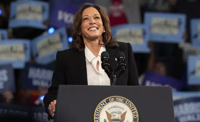 Democratic presidential nominee Vice President Kamala Harris speaks during a campaign event at East Carolina University, Sunday, Oct. 13, 2024, in Greenville, N.C. (AP Photo/David Yeazell)