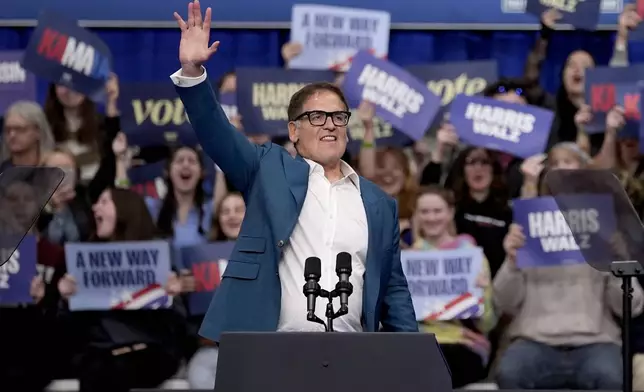 Mark Cuban speaks at a campaign rally for Democratic presidential nominee Vice President Kamala Harris at the University of Wisconsin La Crosse, in La Crosse, Wis., Thursday, Oct. 17, 2024. (AP Photo/Abbie Parr)