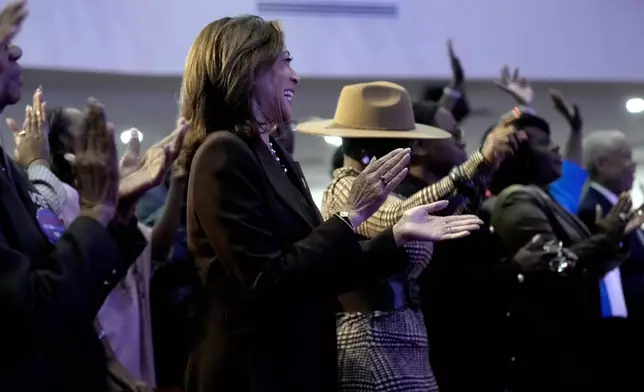 Democratic presidential nominee Vice President Kamala Harris attends a service at the Church of Christian Compassion, Sunday, Oct. 27, 2024, in Philadelphia. (AP Photo/Susan Walsh)