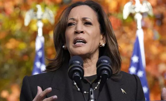 Democratic presidential nominee Vice President Kamala Harris speaks during a campaign event at Riverside Park in Grand Rapids, Mich., Friday, Oct. 18, 2024. (AP Photo/Jacquelyn Martin)