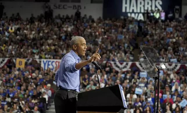 Former President Barack Obama speaks during a campaign rally supporting Democratic presidential nominee Vice President Kamala Harris, Thursday, Oct. 10, 2024, at the University of Pittsburgh's Fitzgerald Field House in Pittsburgh. (AP Photo/Matt Freed)