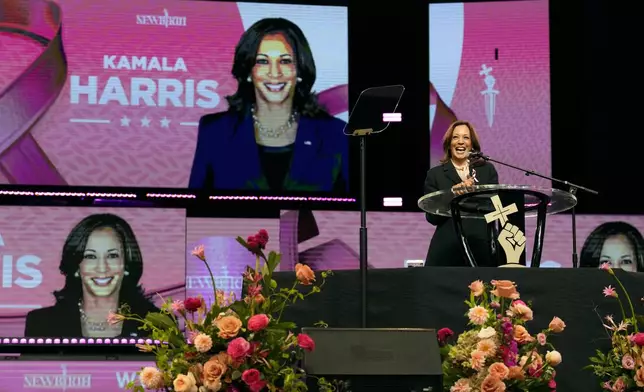 Democratic presidential nominee Vice President Kamala Harris attends a church service New Birth Baptist Church in Stonecrest, Ga., Sunday, Oct. 20, 2024. (AP Photo/Jacquelyn Martin)