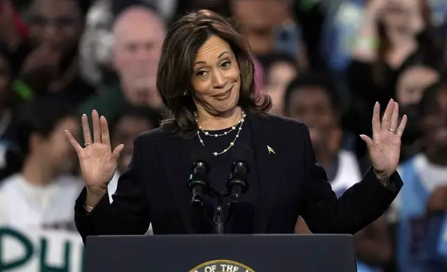 Democratic presidential nominee Vice President Kamala Harris speaks during a community rally at the Alan Horwitz "Sixth Man" Center, Sunday, Oct. 27, 2024, in Philadelphia. (AP Photo/Matt Rourke)