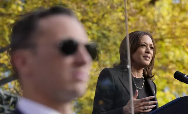 Democratic presidential nominee Vice President Kamala Harris speaks during a campaign event at Riverside Park in Grand Rapids, Mich., Friday, Oct. 18, 2024. (AP Photo/Jacquelyn Martin)