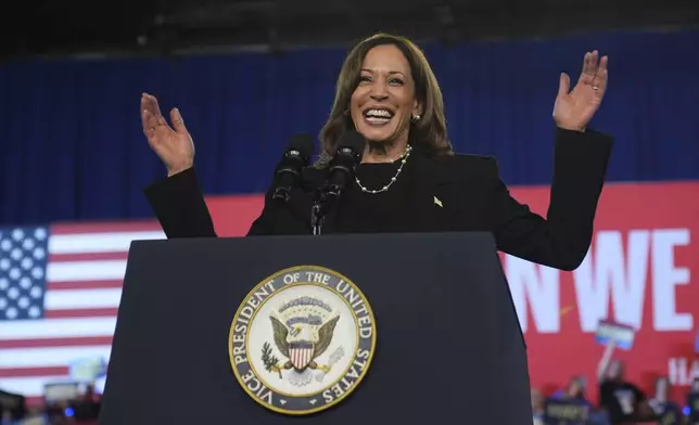 Democratic presidential nominee Vice President Kamala Harris speaks during a campaign event at the PA Farm Show Complex and Expo Center, Wednesday, Oct. 30, 2024, in Harrisburg, Pa. (AP Photo/Matt Rourke)