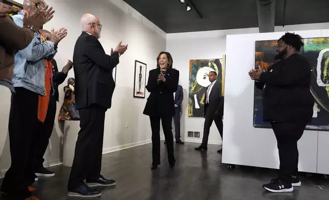 Democratic presidential nominee Vice President Kamala Harris arrives at Norwest Gallery of Art in Detroit, Tuesday, Oct. 15, 2024. (AP Photo/Jacquelyn Martin)