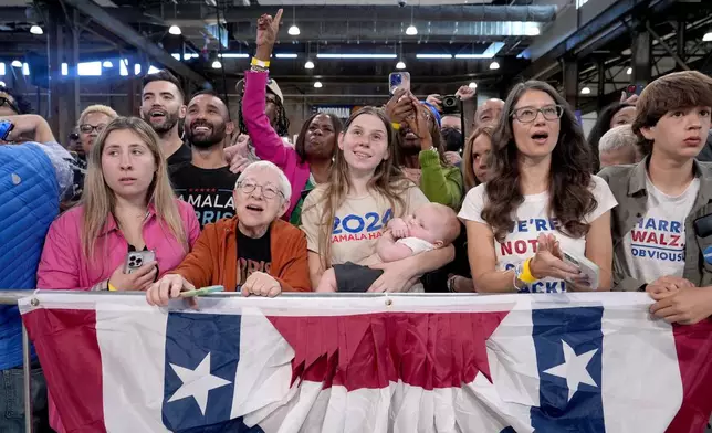 Supporters attend community rally with Democratic presidential nominee Vice President Kamala Harris at the Alan Horwitz "Sixth Man" Center, Sunday, Oct. 27, 2024, in Philadelphia. (AP Photo/Susan Walsh)