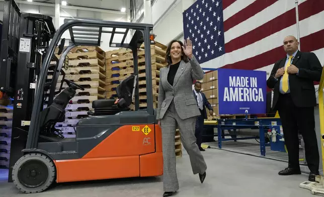 Democratic presidential nominee Vice President Kamala Harris tours the Hemlock Semiconductor Next-Generation Finishing facility in Hemlock, Mich., Monday, Oct. 28, 2024. (AP Photo/Jacquelyn Martin)