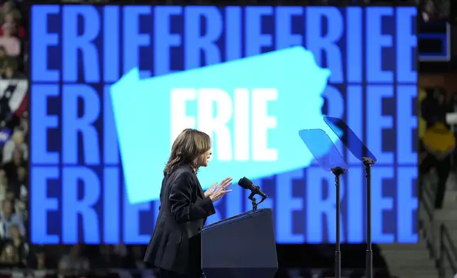 Democratic presidential nominee Vice President Kamala Harris speaks during a campaign rally at Erie Insurance Arena, in Erie, Pa., Monday, Oct. 14, 2024. (AP Photo/Jacquelyn Martin)