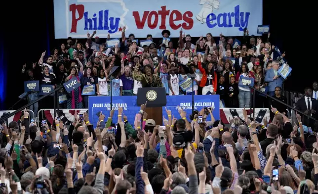 Philadelphia Mayor Cherelle Parker speaks during a community rally with Democratic presidential nominee Vice President Kamala Harris at the Alan Horwitz "Sixth Man" Center, Sunday, Oct. 27, 2024, in Philadelphia. (AP Photo/Matt Rourke)