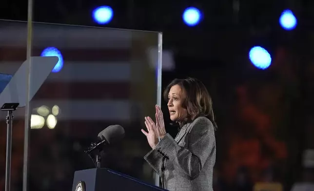 Democratic presidential nominee Vice President Kamala Harris speaks at a campaign event in Burns Park Monday, Oct. 28, 2024, in Ann Arbor, Mich. (AP Photo/Paul Sancya)