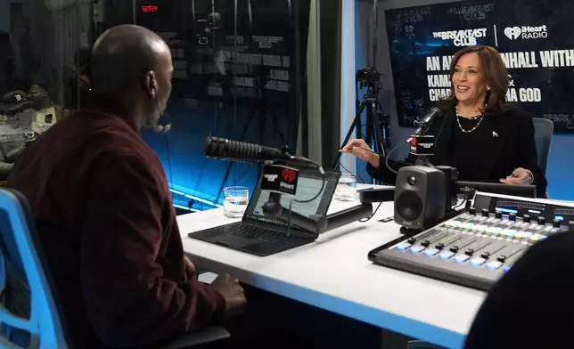 Democratic presidential nominee Vice President Kamala Harris, participates in an interview with Charlamagne Tha God, co-host of iHeartMedia's morning show The Breakfast Club, in Detroit, Tuesday, Oct. 15, 2024. (AP Photo/Jacquelyn Martin)