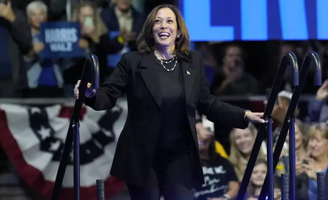 Democratic presidential nominee Vice President Kamala Harris arrives to speak during a campaign rally at Erie Insurance Arena, in Erie, Pa., Monday, Oct. 14, 2024. (AP Photo/Jacquelyn Martin)