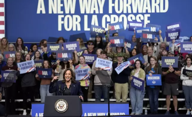 Democratic presidential nominee Vice President Kamala Harris speaks during a campaign rally at the University of Wisconsin La Crosse, in La Crosse, Wis., Thursday, Oct. 17, 2024. (AP Photo/Abbie Parr)