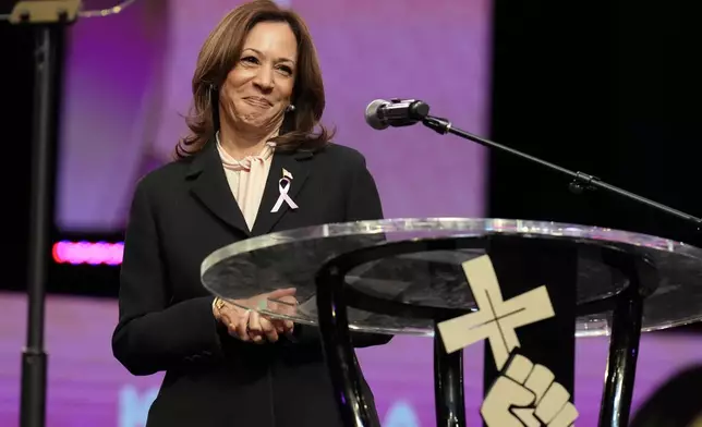 Democratic presidential nominee Vice President Kamala Harris speaks at a church service at New Birth Baptist Church in Stonecrest, Ga., Sunday, Oct. 20, 2024. (AP Photo/Jacquelyn Martin)