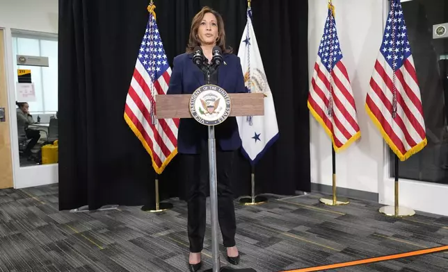 Democratic presidential nominee Vice President Kamala Harris speaks about the killing of Hamas' top leader Yahya Sinwar in a battle with Israeli forces in Gaza, Thursday, Oct. 17, 2024, following a campaign rally at the University of Wisconsin Milwaukee. (AP Photo/Jacquelyn Martin)