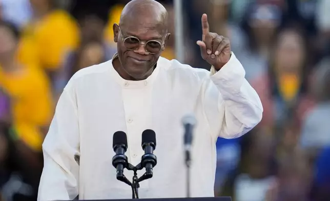 Samuel L. Jackson speaks at a campaign rally supporting Democratic presidential nominee Vice President Kamala Harris, Thursday, Oct. 24, 2024, in Clarkston, Ga. (AP Photo/Mike Stewart)