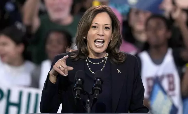 Democratic presidential nominee Vice President Kamala Harris speaks during a community rally at the Alan Horwitz "Sixth Man" Center, Sunday, Oct. 27, 2024, in Philadelphia. (AP Photo/Matt Rourke)