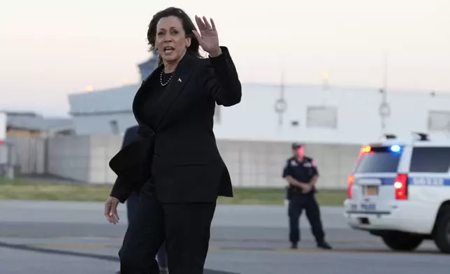 Democratic presidential nominee Vice President Kamala Harris arrives at LaGuardia Airport, Monday Oct. 7, 2024, in New York. (AP Photo/Jacquelyn Martin)