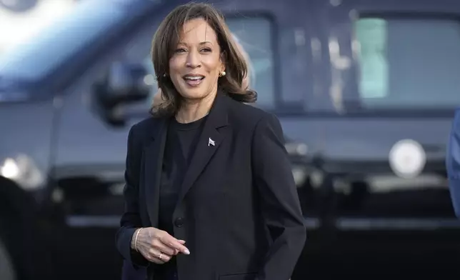 Democratic presidential nominee Vice President Kamala Harris arrives at Charlotte Douglas International Airport, Saturday, October 5, 2024, in Charlotte, N.C., for a briefing on the damage from Hurricane Helene. (AP Photo/Chris Carlson)