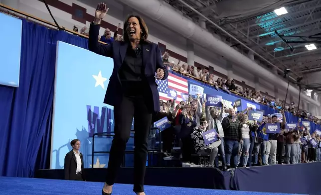 Democratic presidential nominee Vice President Kamala Harris arrives to speak at a campaign rally at the University of Wisconsin La Crosse, in La Crosse, Wis., Thursday, Oct. 17, 2024. (AP Photo/Jacquelyn Martin)