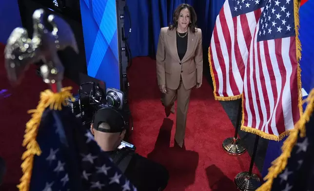 Democratic presidential nominee Vice President Kamala Harris arrives at a Town Hall event hosted by Univision, Thursday, Oct. 10, 2024, at the University of Nevada Las Vegas. (AP Photo/Jacquelyn Martin)