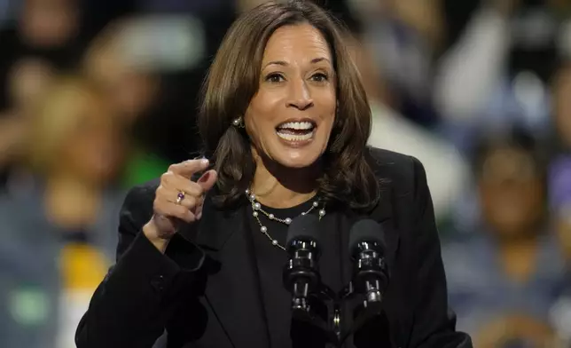 Democratic presidential nominee Vice President Kamala Harris speaks at a campaign rally at Erie Insurance Arena, in Erie, Pa., Monday, Oct. 14, 2024.(AP Photo/Gene J. Puskar)(AP Photo/Gene J. Puskar)